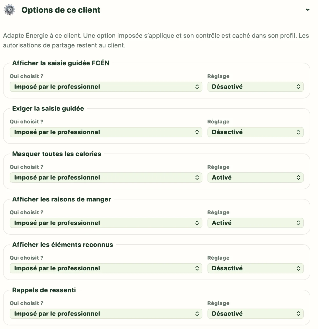 Options de suivi configurables par le professionnel pour un client Énergie